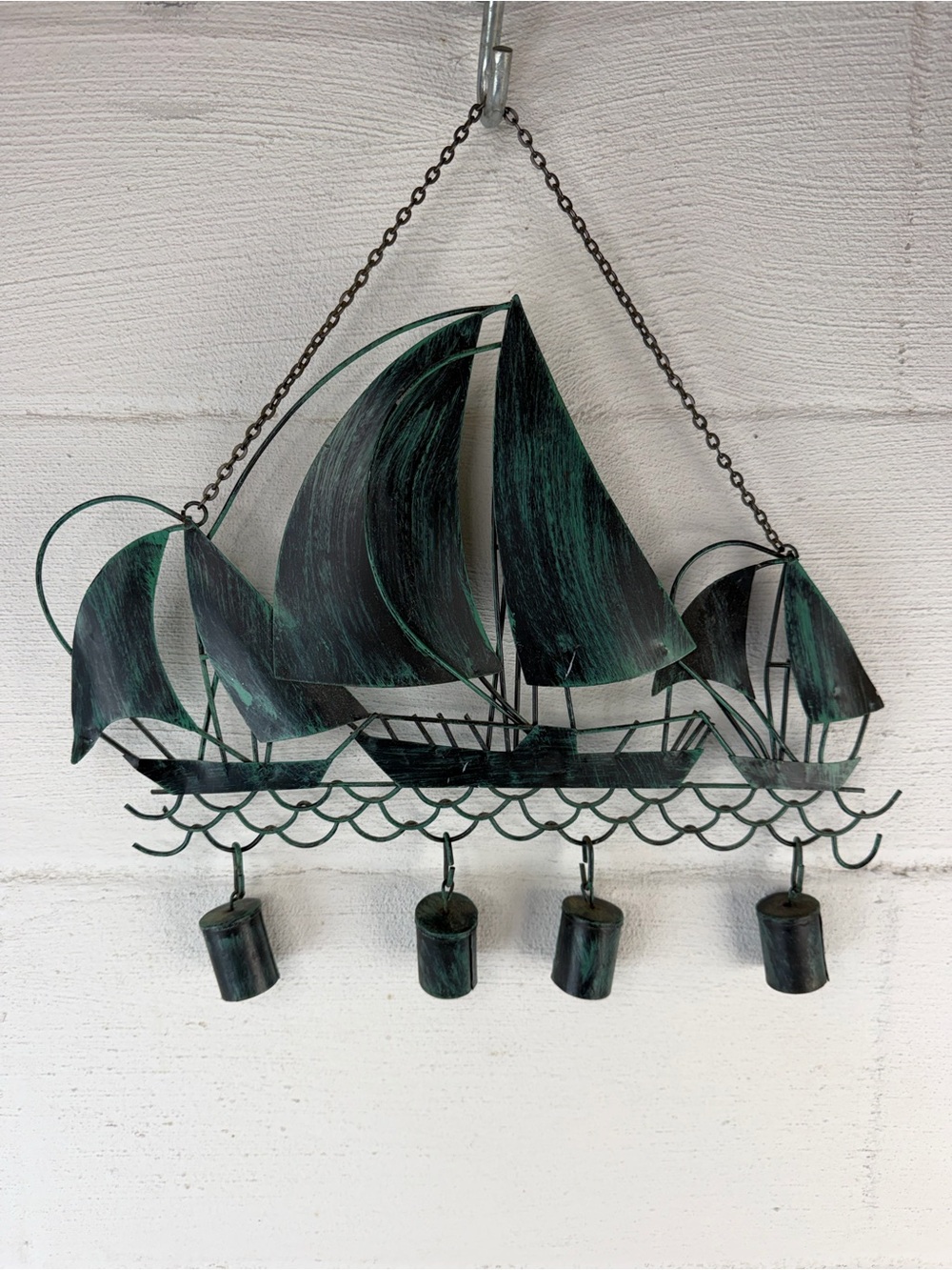 Vintage Verdigris Metal Wall Art 3 Ships Sailing with Hanging Bells Wind Chimes
